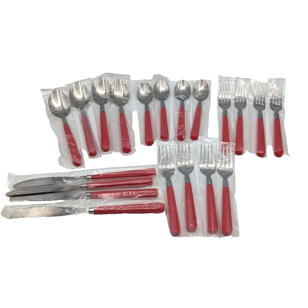 20 Piece Red Handle Flatware Set Made In Taiwan Stainless Steel Vtg Cabana Club